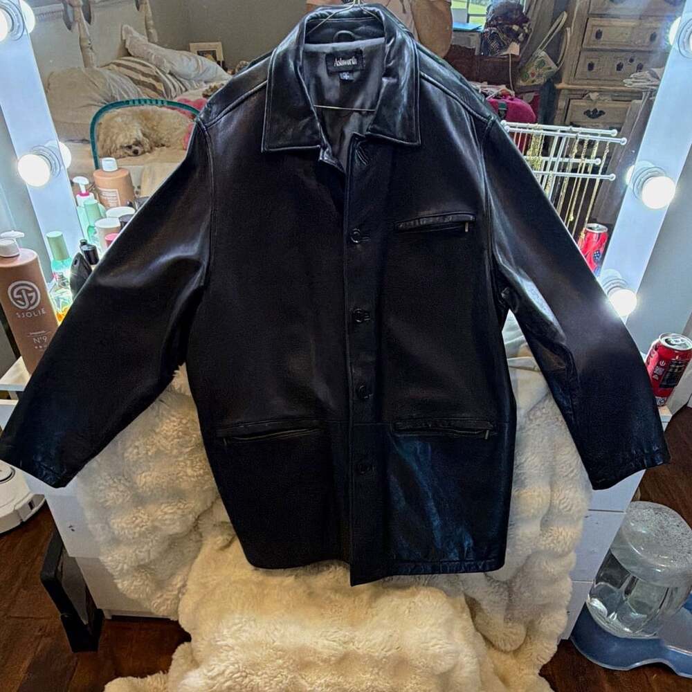 Ashworth Men’s Black Leather Jacket Button & Zip Closure Lined Pockets Size L